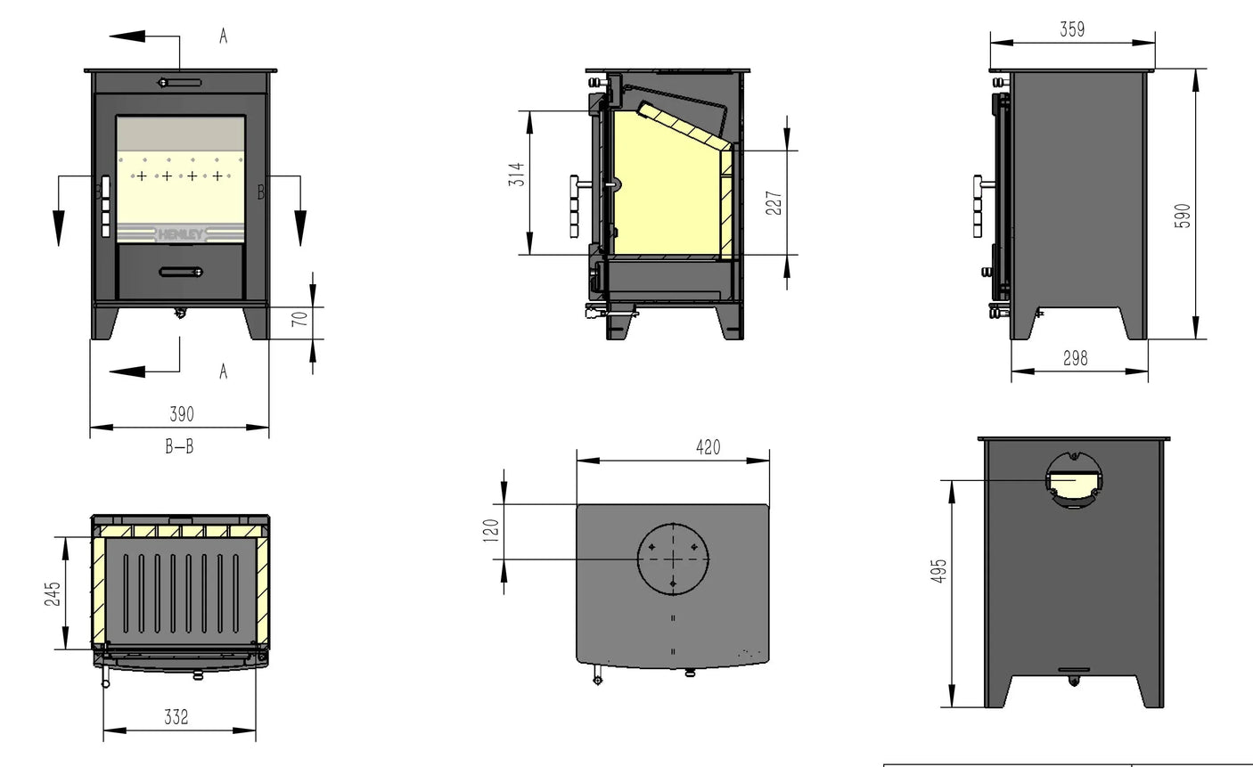 Wood burning stove technical drawing with front, side, top, and section view dimensions