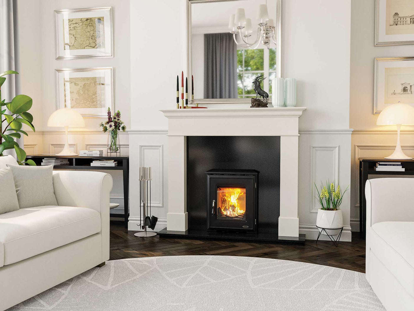 Modern white living room with sofas, wood burning stove and decorative fireplace