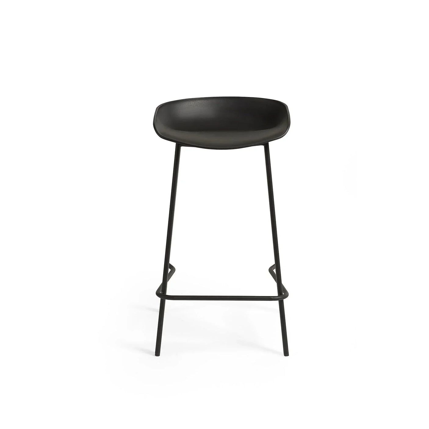 Black bar stool with curved seat and metal legs, front view on white background