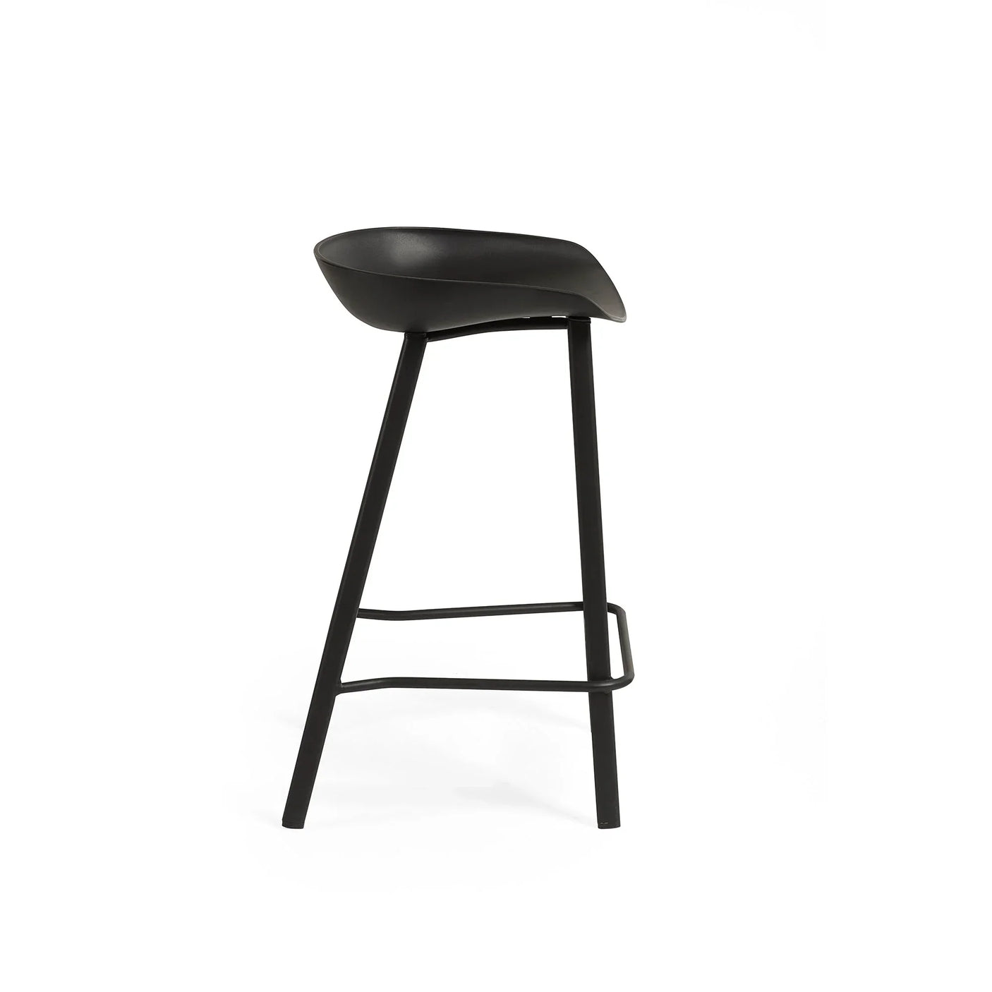 Black bar stool with curved seat and metal legs shown from the side
