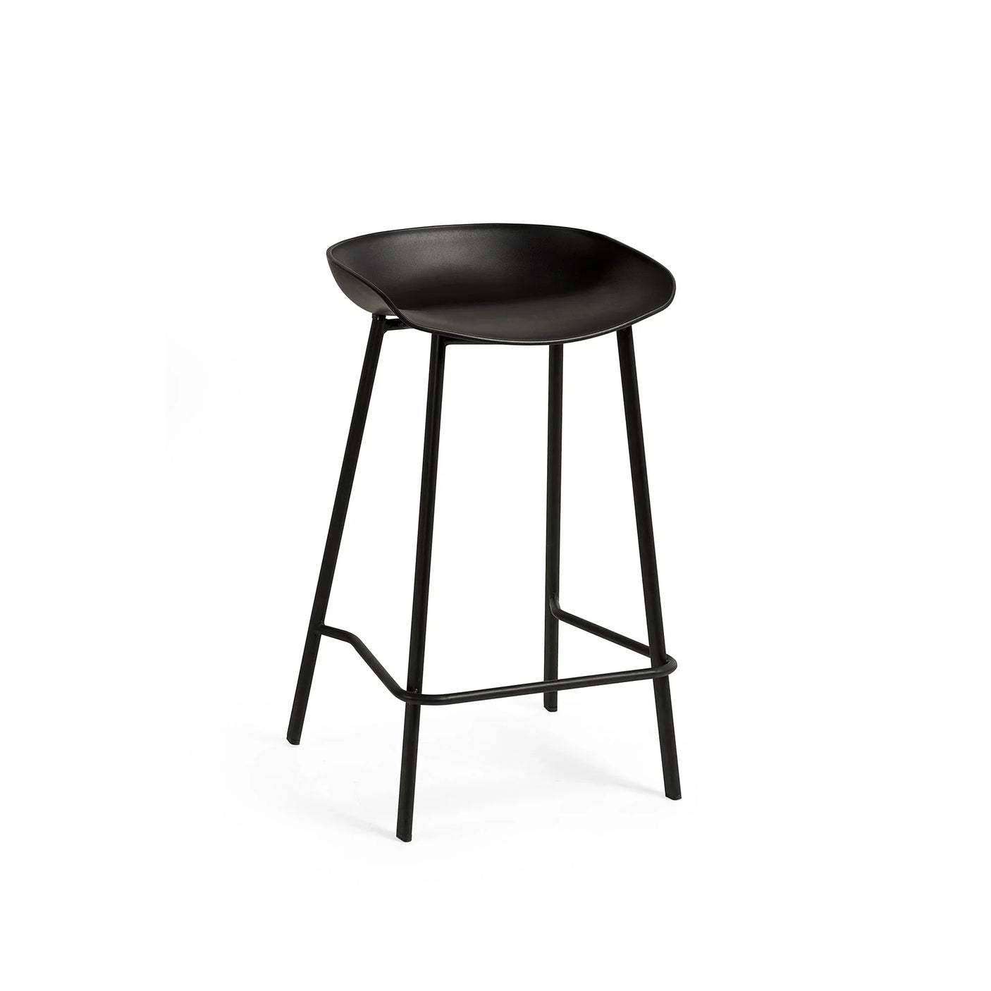Black bar stool with curved seat and slim metal legs, front view on white background