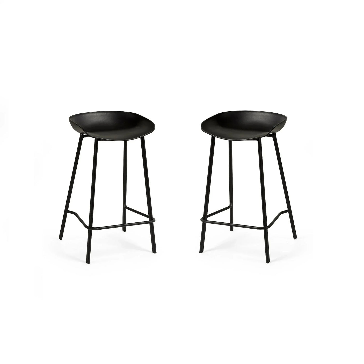 Pair of black bar stools with curved seats and slim metal legs on white background