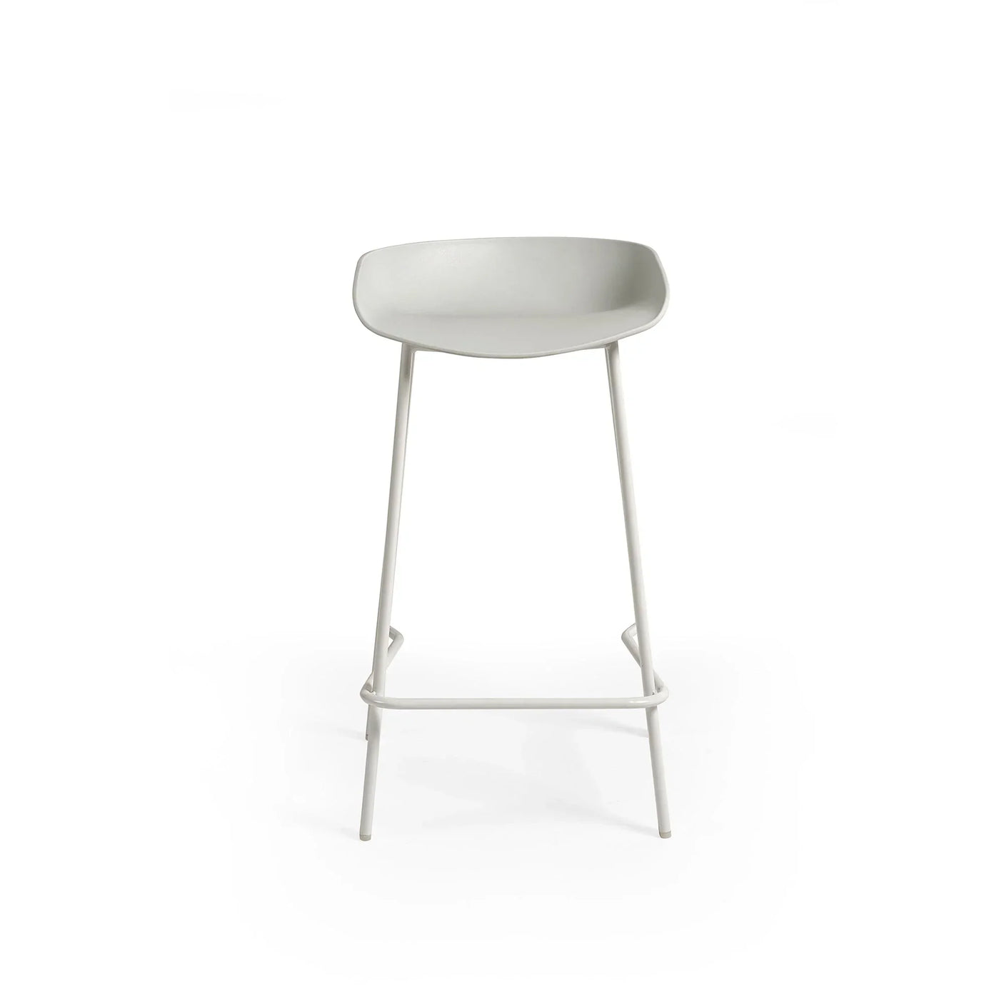 Grey bar stool with curved seat and footrest, front view against white background