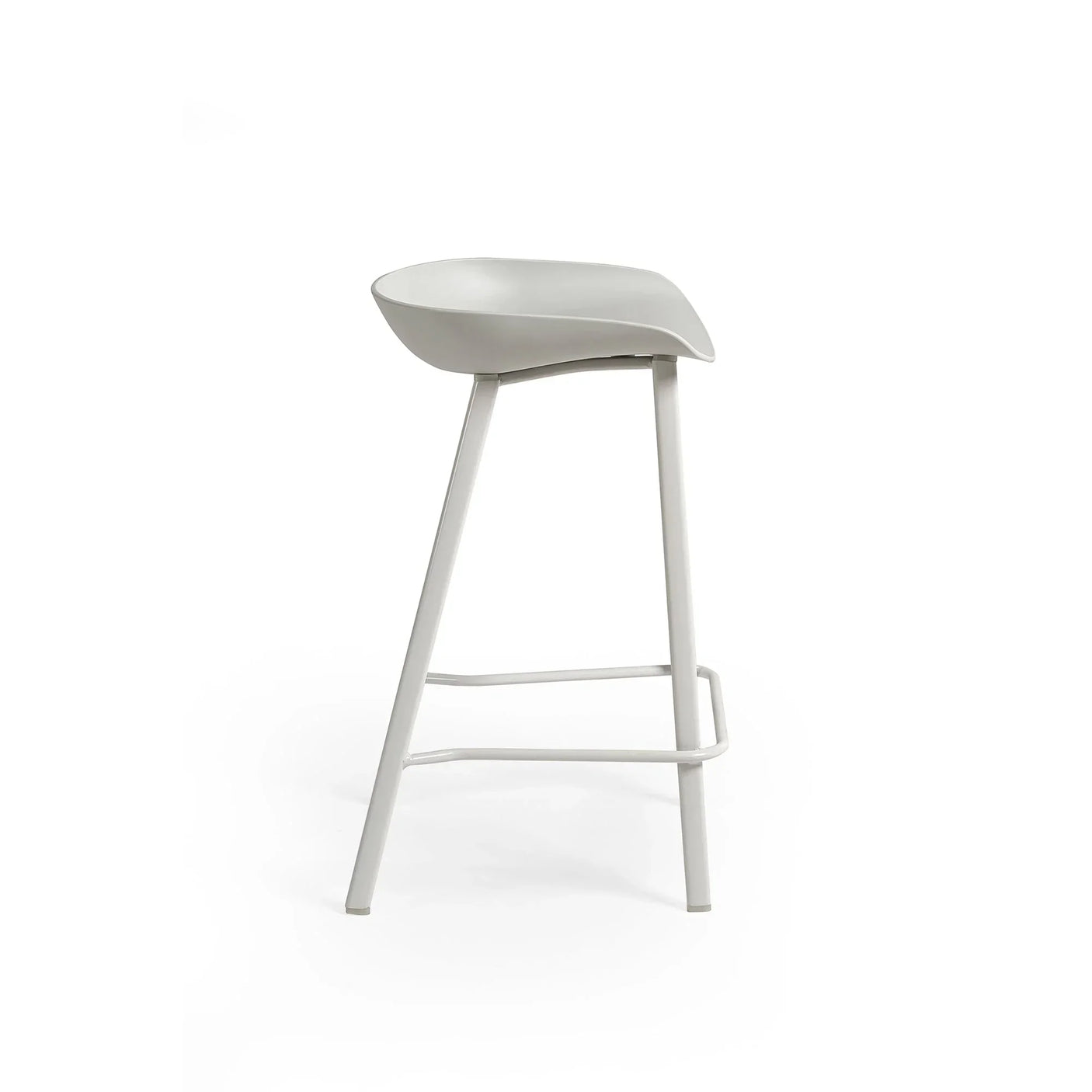 Grey bar stool with curved seat and metal legs shown from side angle