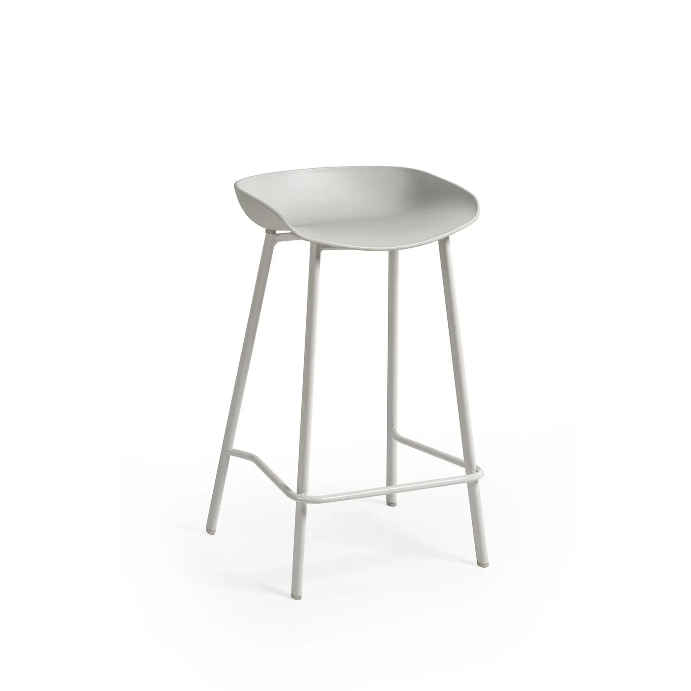 Grey bar stool with curved seat and metal legs on white background