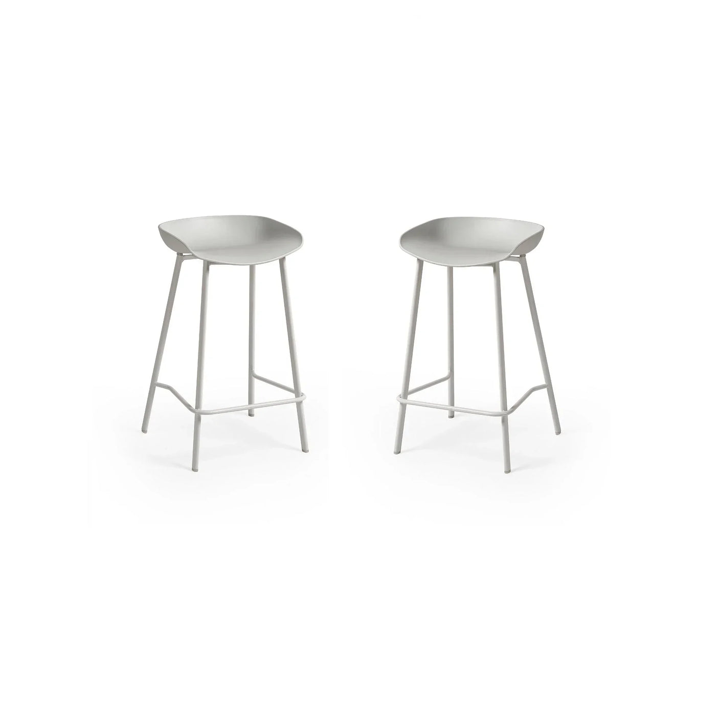 Pair of grey bar stools with contoured seats and metal legs on white background