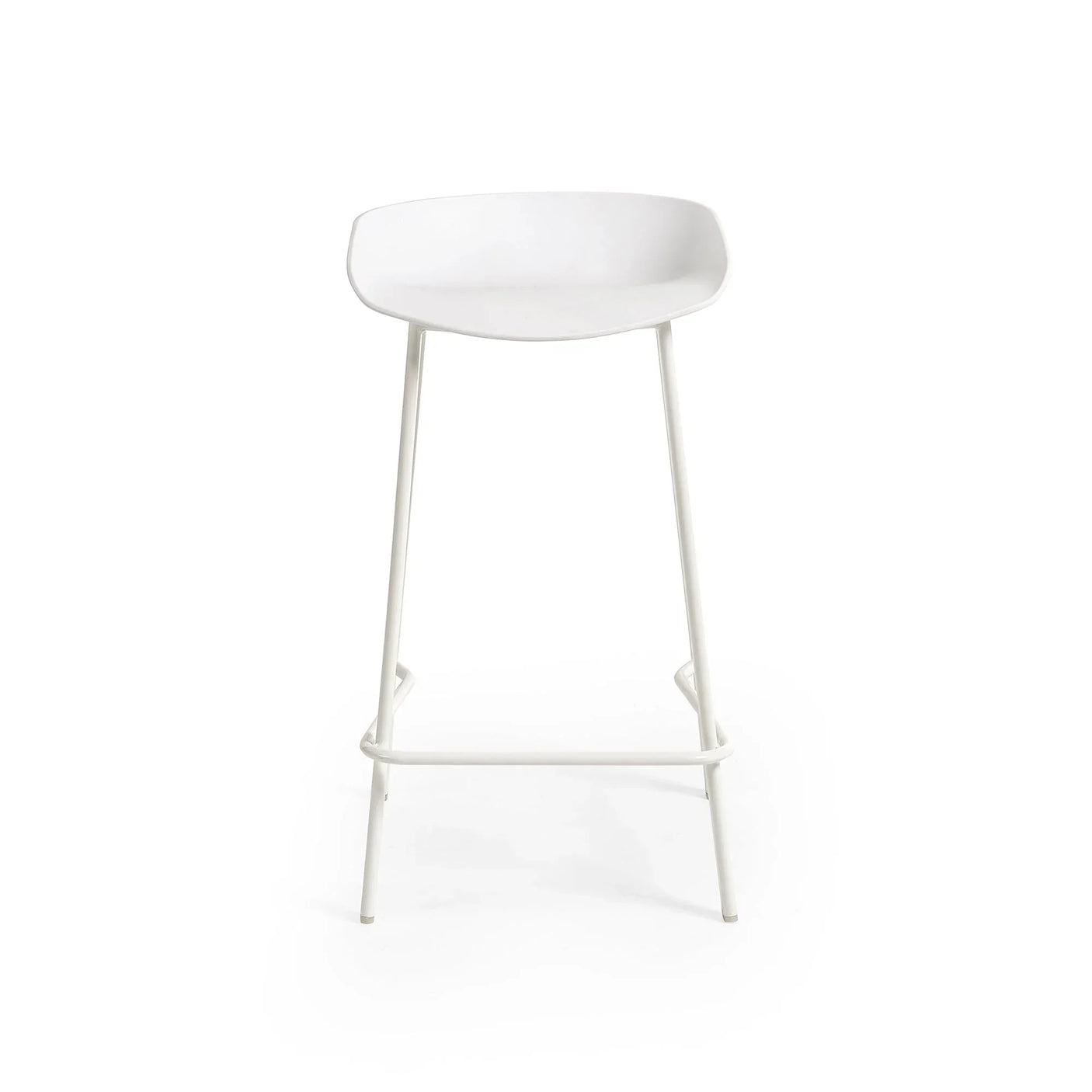 White bar stool with curved seat and metal legs, front view on white background