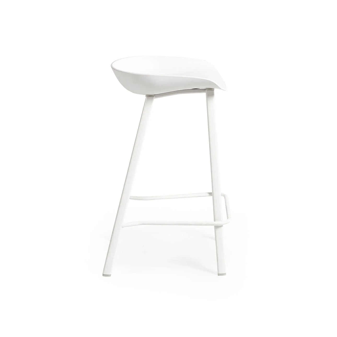 White bar stool with curved seat and metal legs, side view