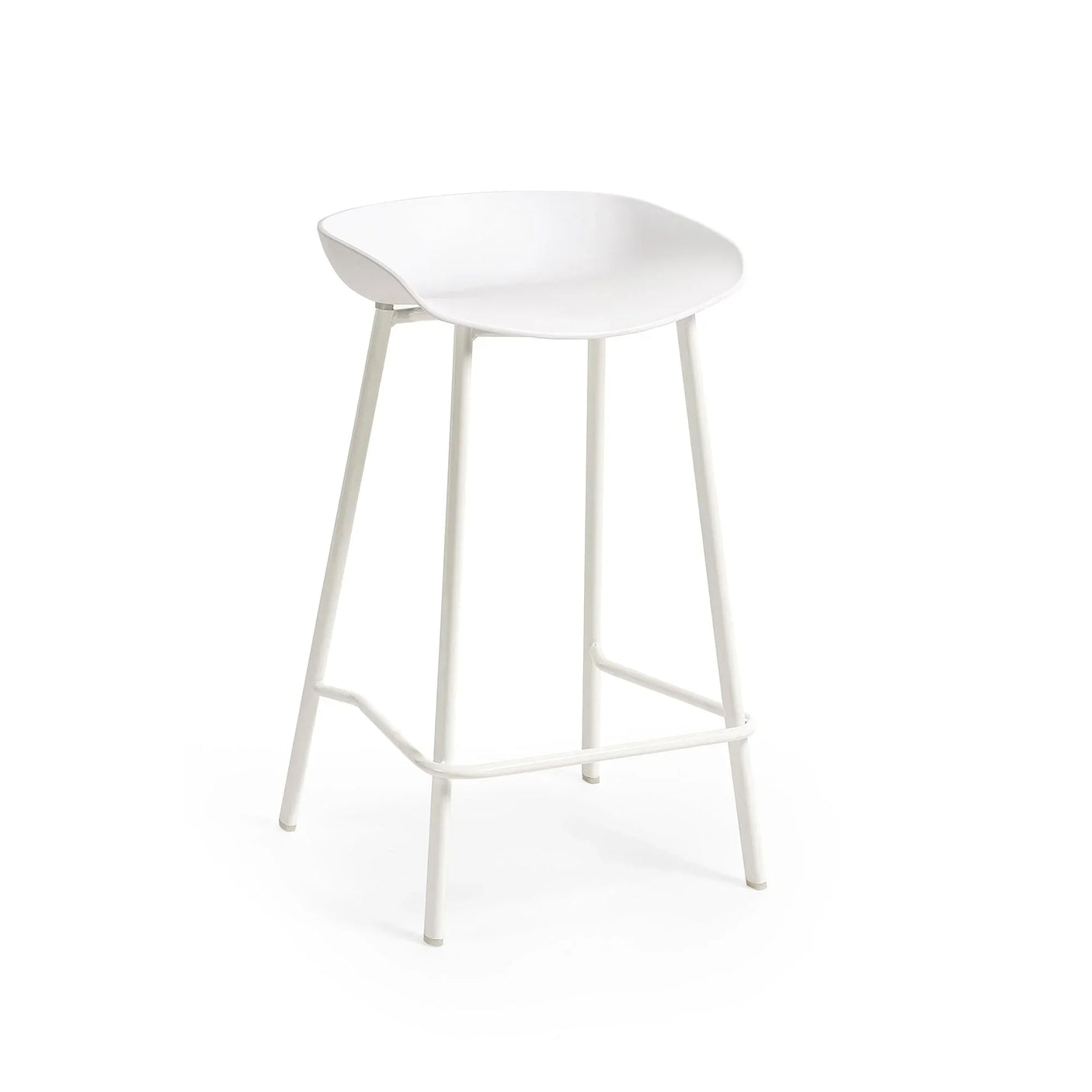 White bar stool with curved seat and metal legs on white background
