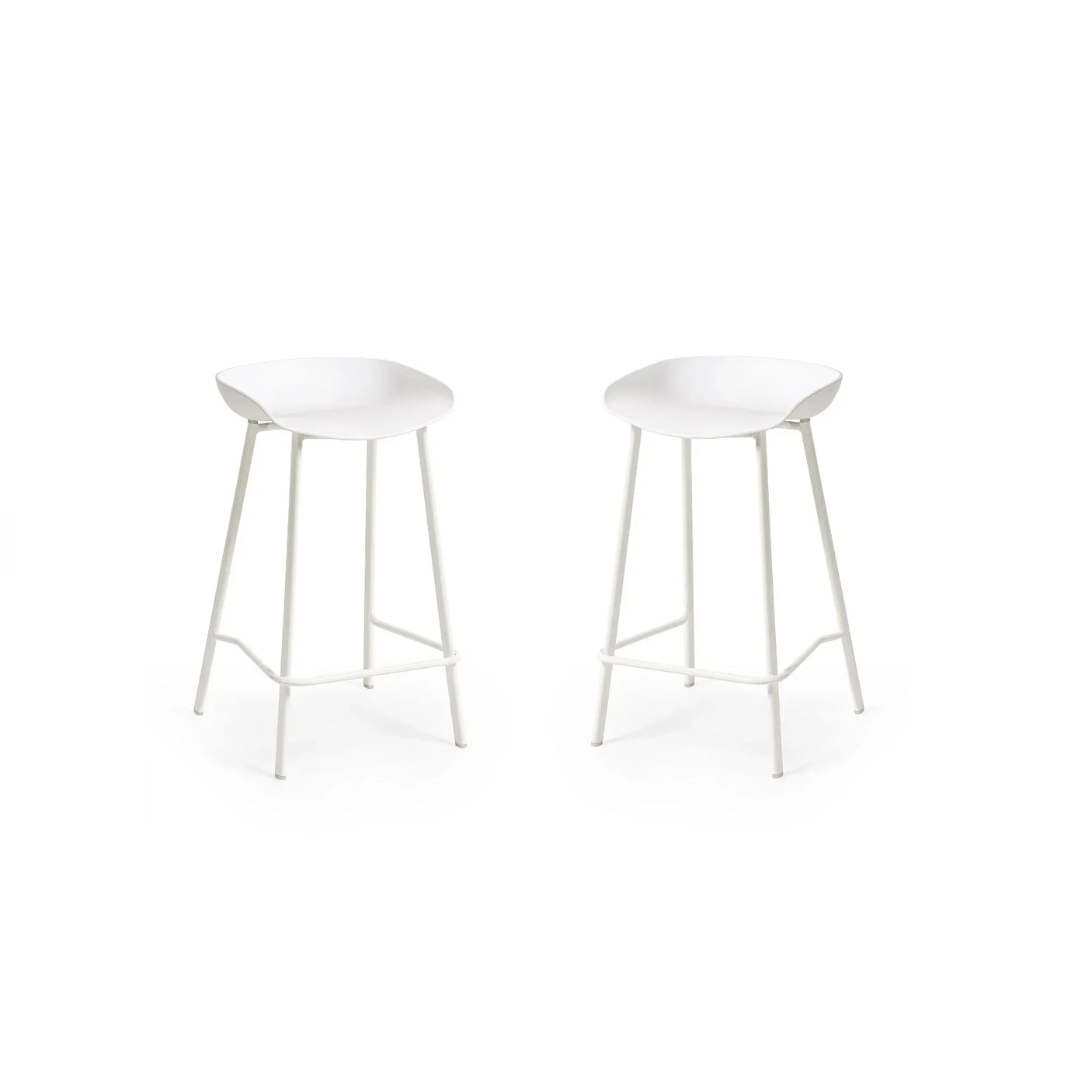Pair of white bar stools with metal legs and curved seats on white background
