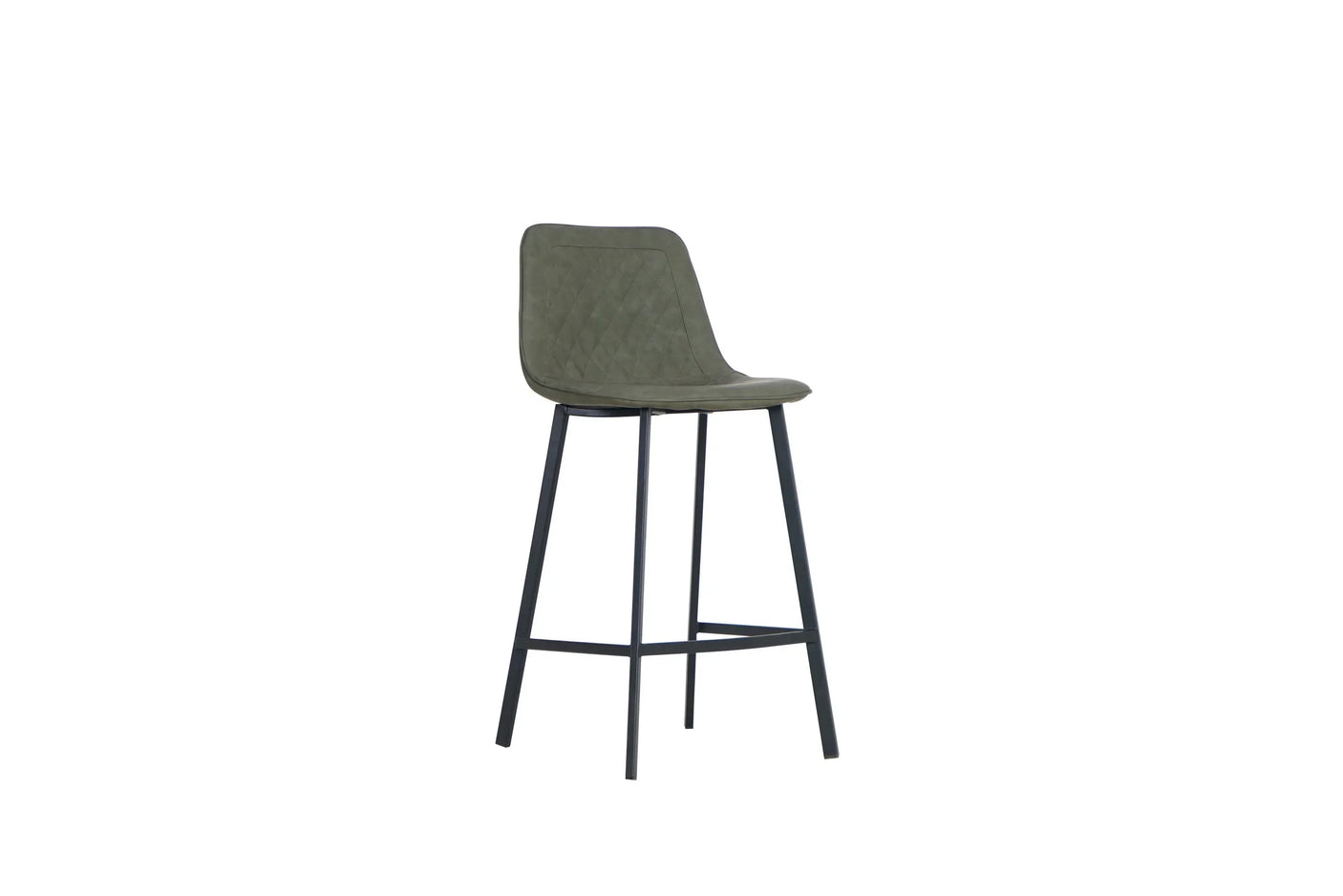 Retro bar stool in pale oyster with quilted seat and black metal legs, side view