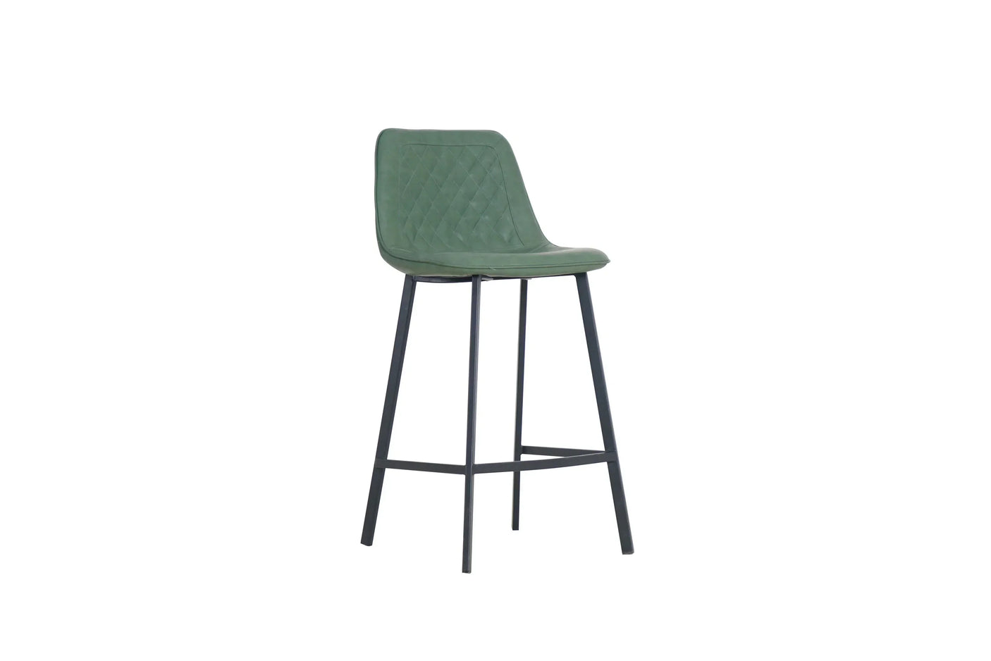 Retro bar stool in sage green with diamond stitched seat and black metal legs