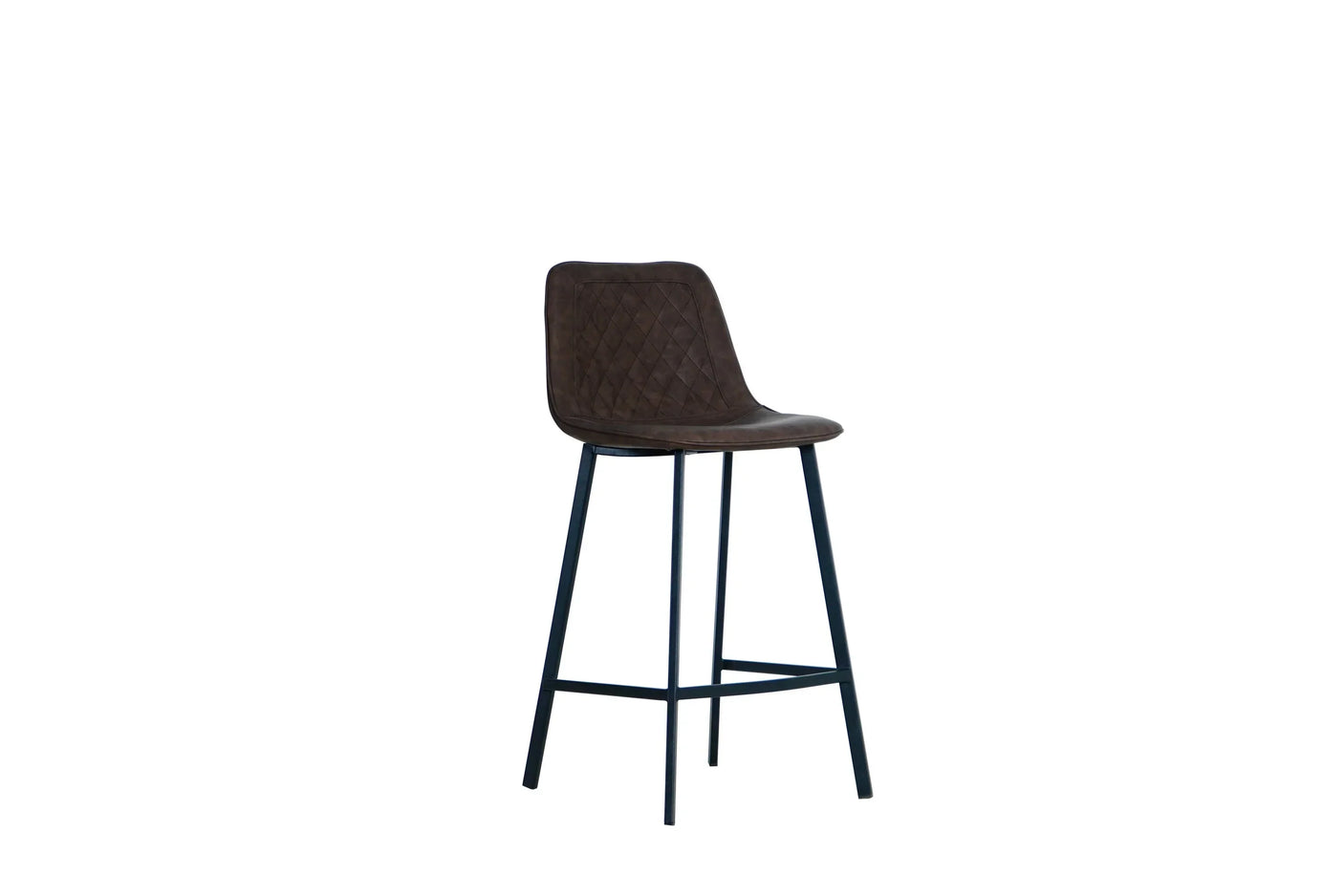 Retro bar stool with brown quilted seat and black metal legs, side angle on white background