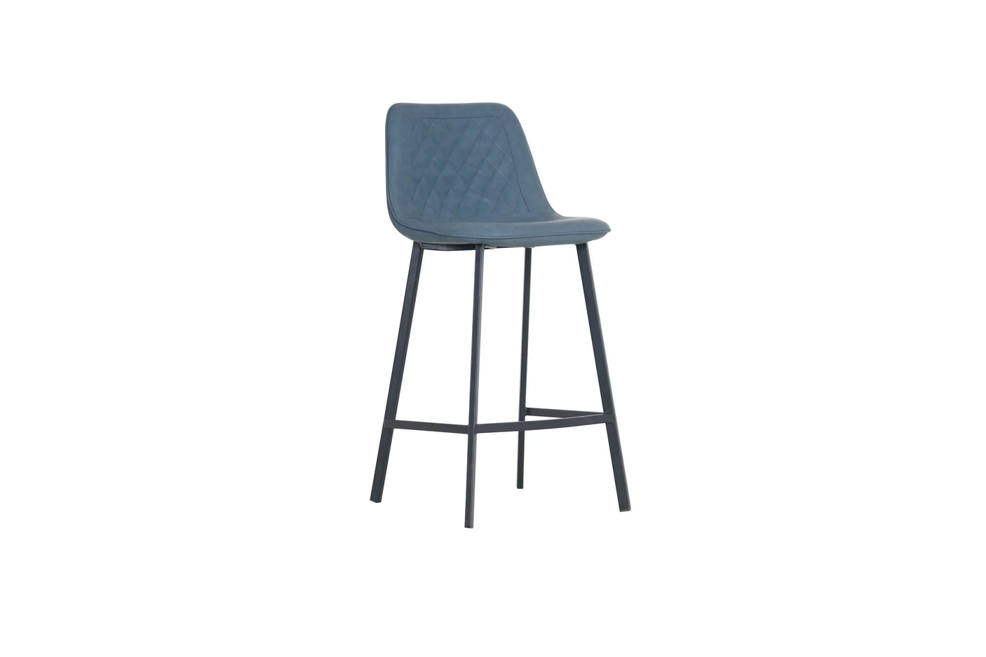 Retro bar stool with skylight blue quilted seat and black metal legs, side view