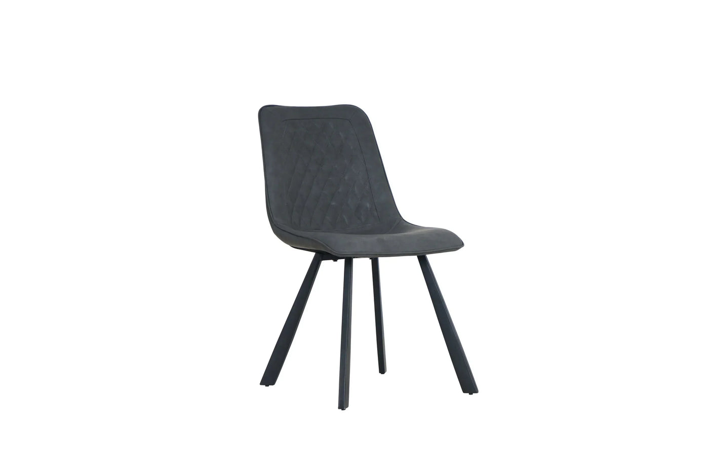 Retro grey dining chair with metal legs and quilted seat upholstery, front angle view