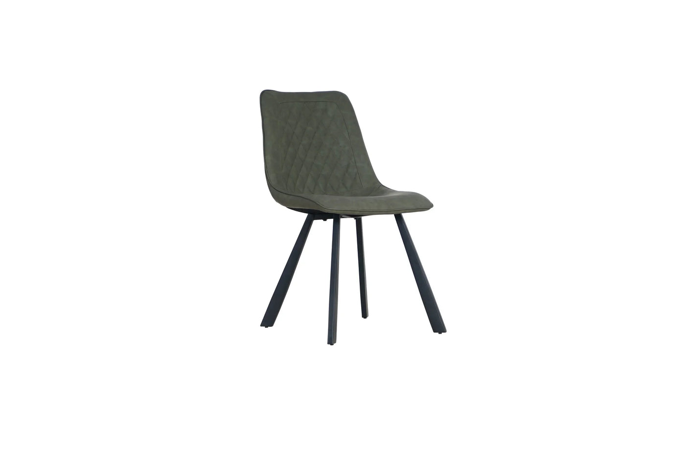 retro chair with pale oyster fabric and black metal legs, angled side view