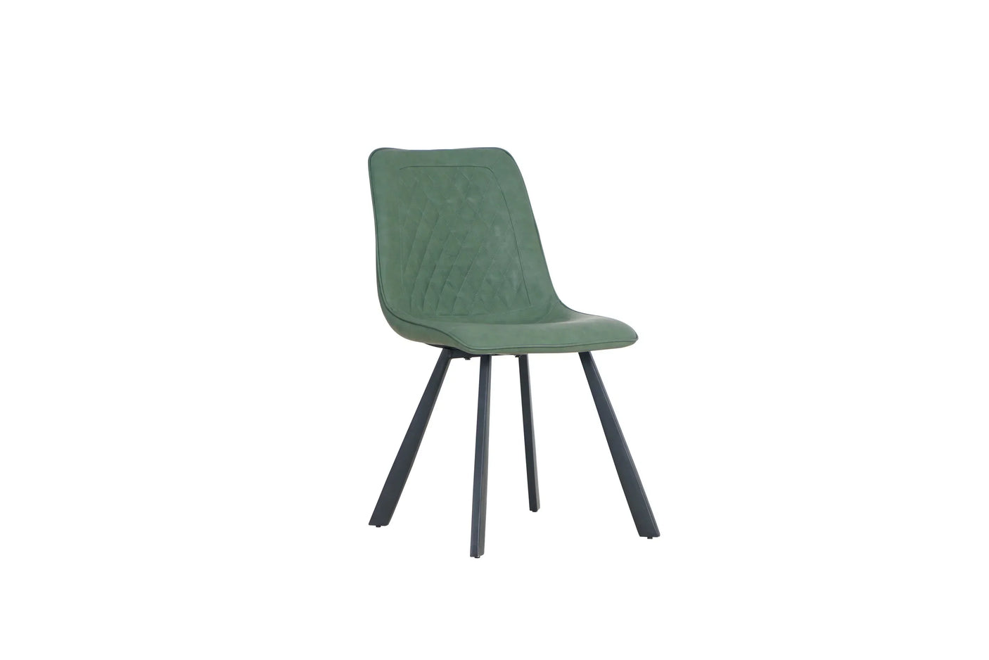 Retro dining chair in sage green with quilted seat and metal legs on white background