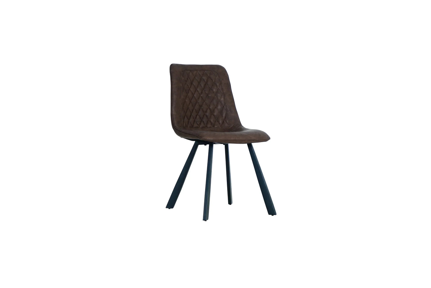 Brown retro dining chair with diamond stitching and black metal legs on white background