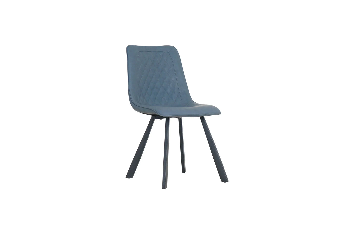 Retro chair with light blue upholstered seat and black metal legs, side angle view
