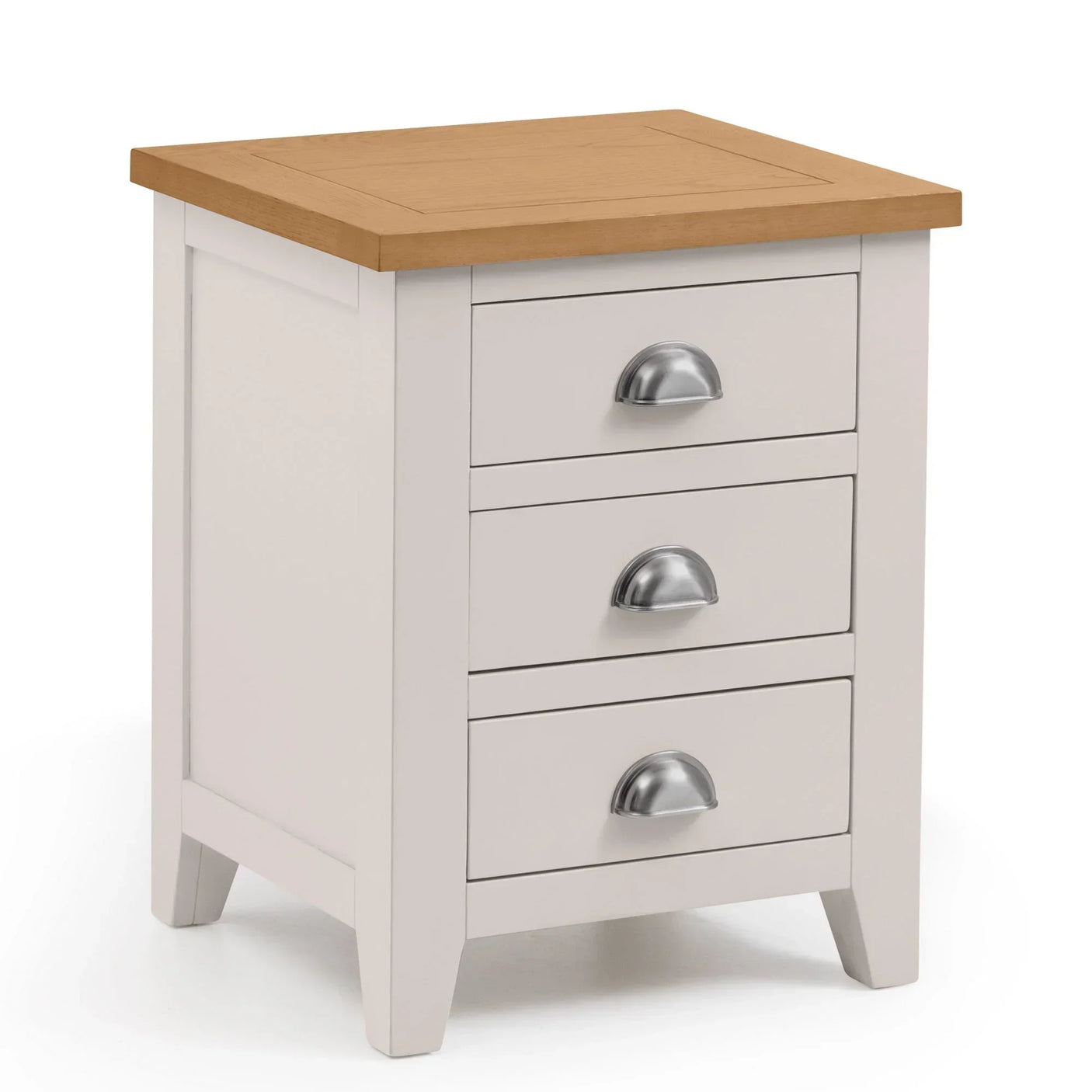 Three drawer bedside table with light oak top and silver handles, angled front view