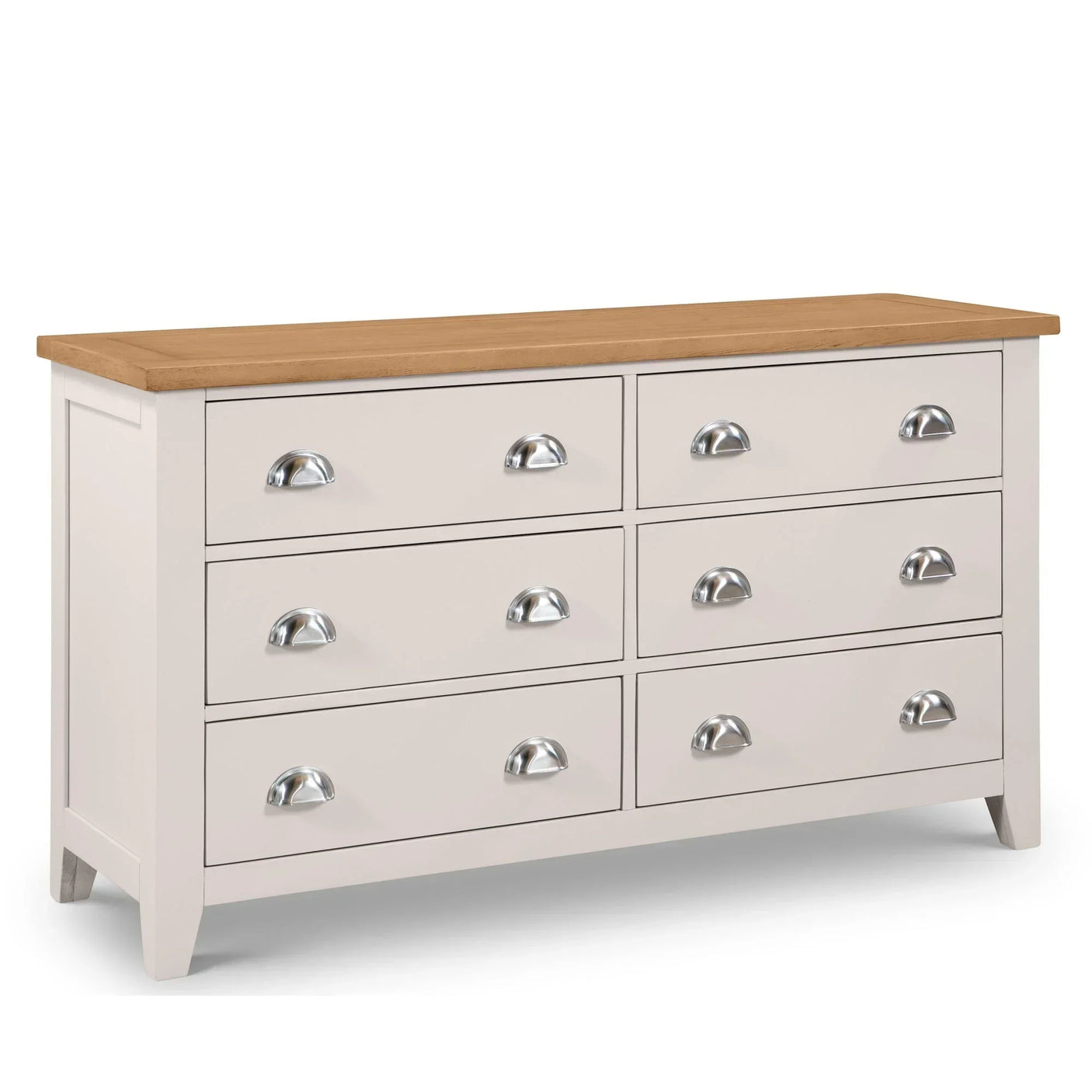 White six drawer wide chest with silver handles and oak top, shown at an angled view