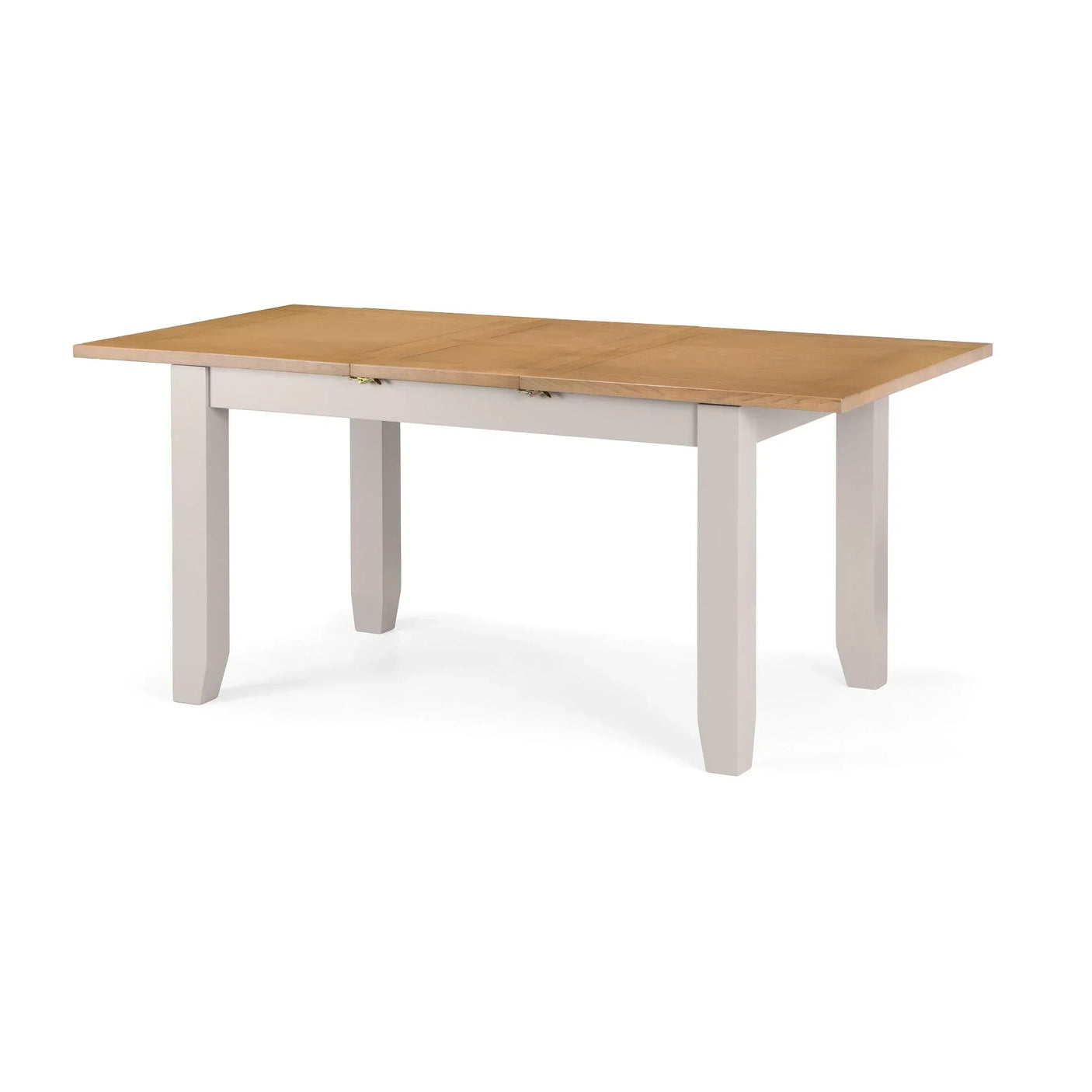Rectangular dining table with natural wood top and white legs, shown against a white background