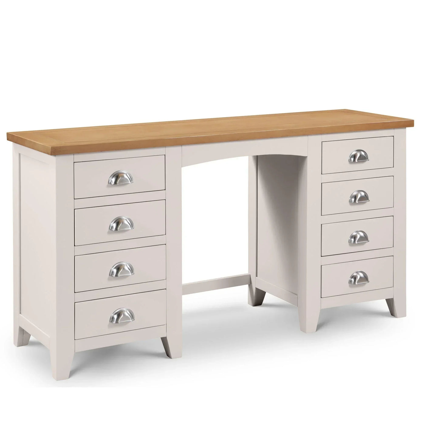 Cream dressing table with oak top and nine drawers, silver cup handles, angled view