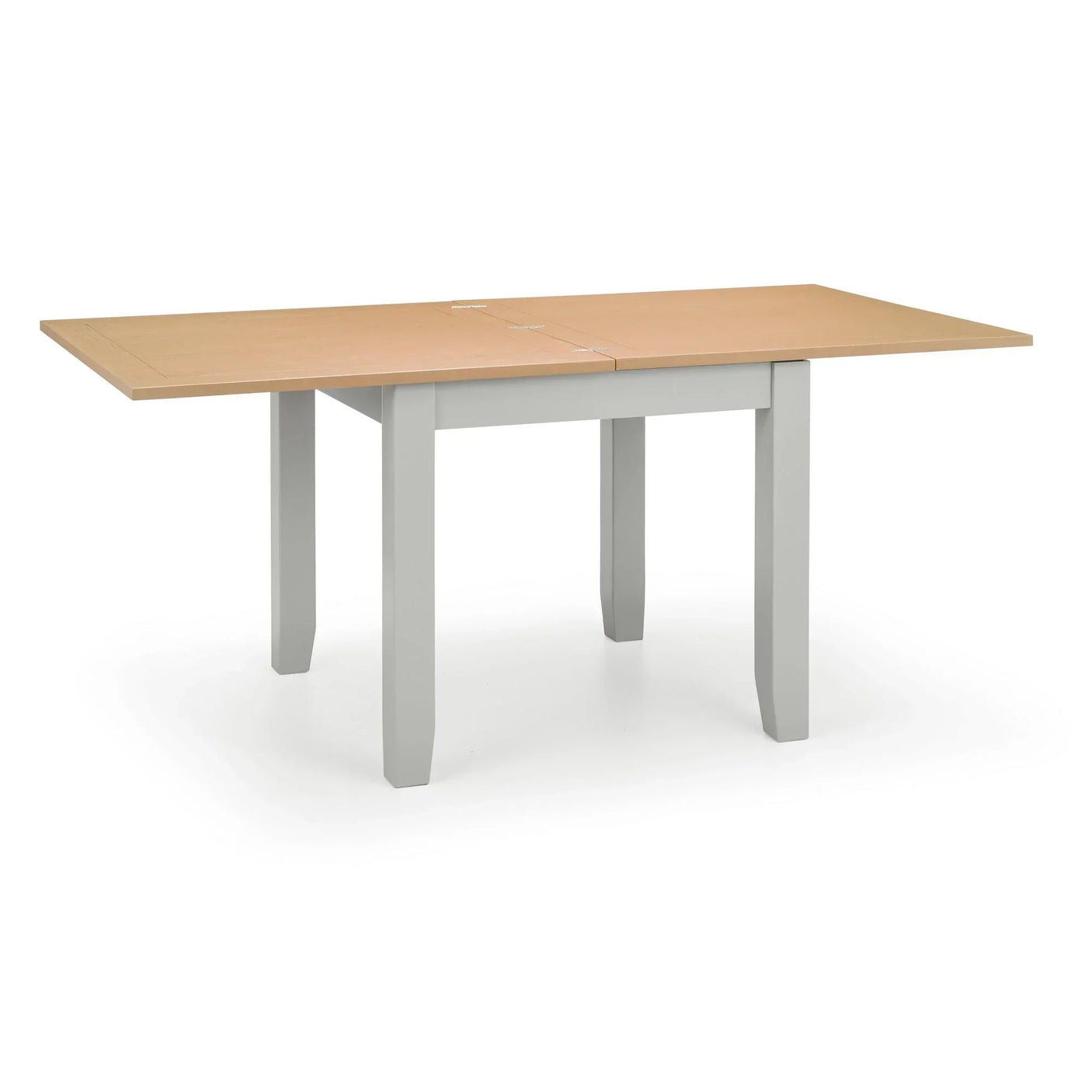 Flip-top dining table with light wood top and white legs shown open