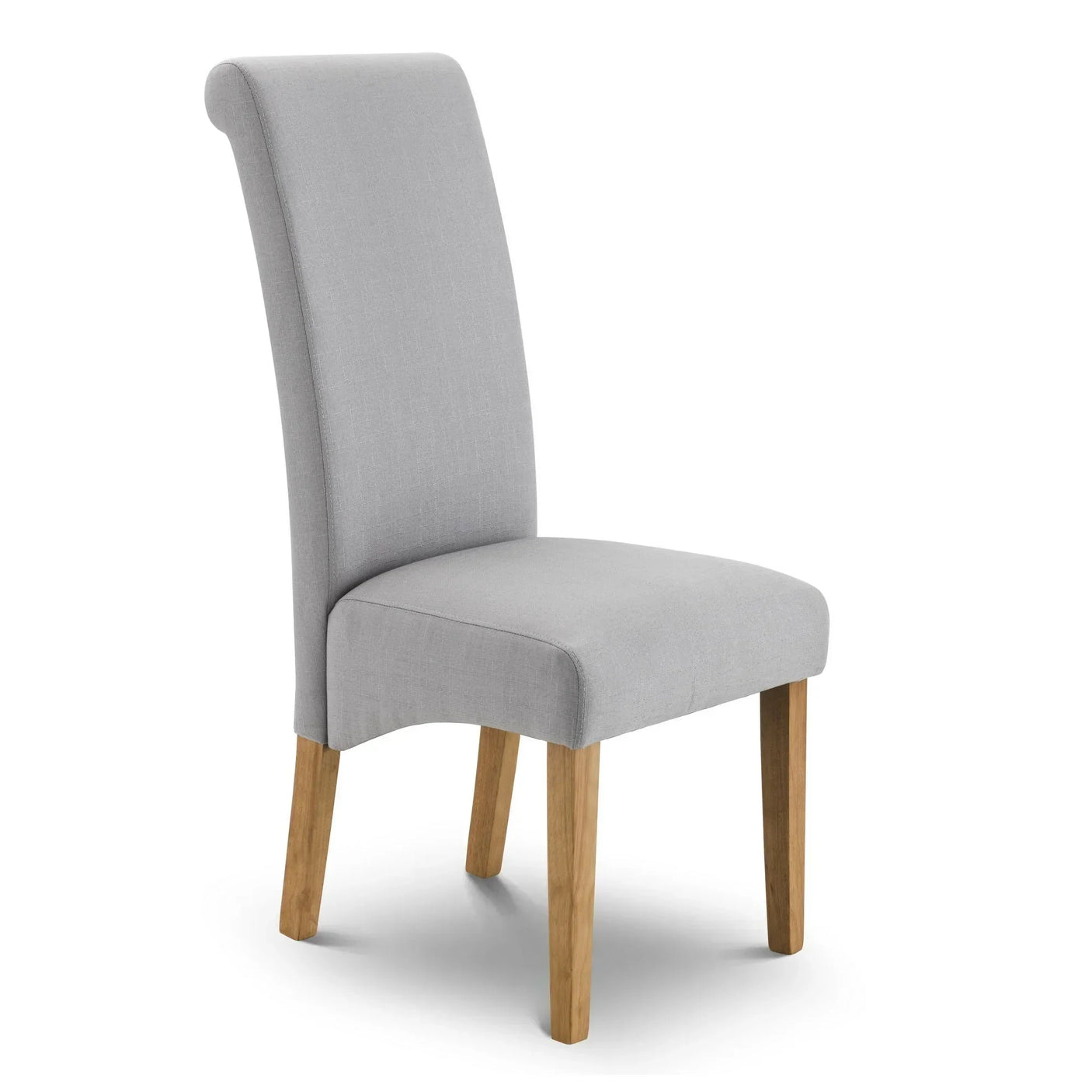 Shale grey dining chair with upholstered seat and oak wooden legs on white background