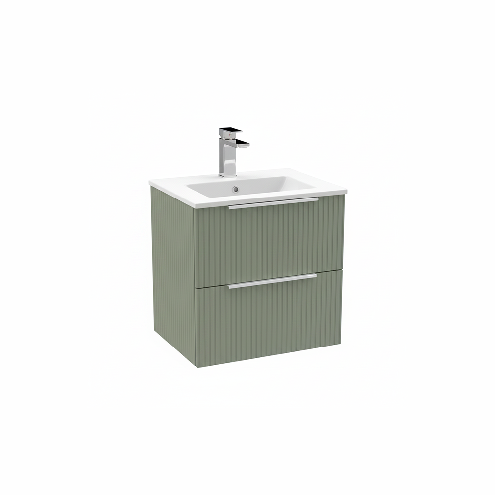 Satin green wall hung bathroom vanity unit with two drawer storage and contemporary design | Home Centre Direct UK