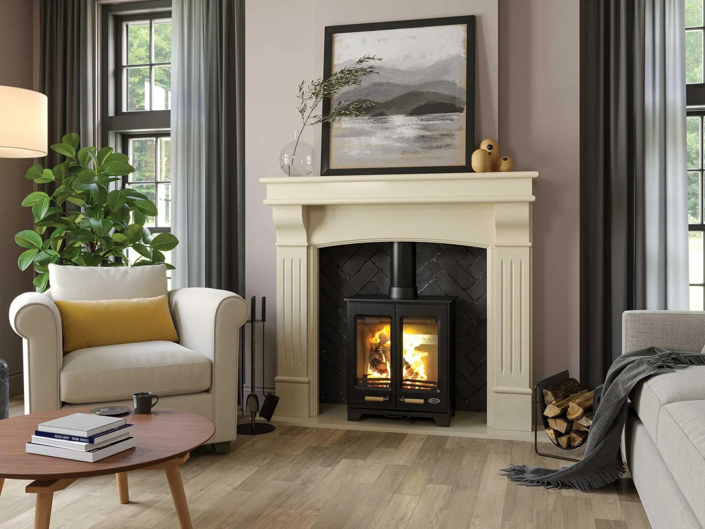 Modern living room with cream armchair, log burner fireplace and wooden coffee table