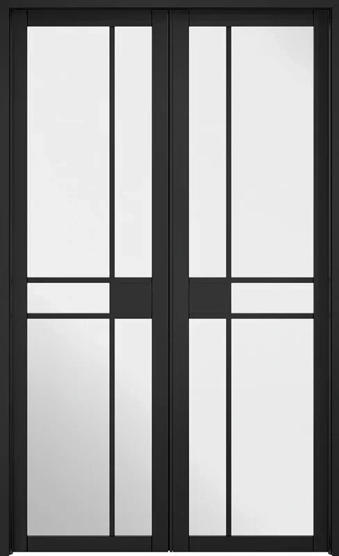 Black Greenwich room divider with glass panels and modern grid design, front view
