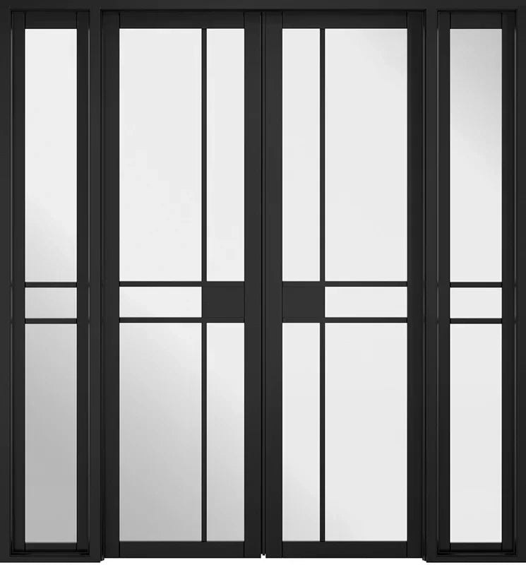 Black metal frame room divider with five glass panels and geometric grid design