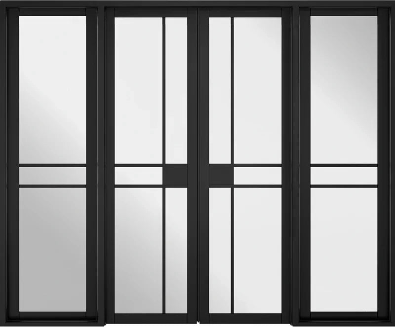 Black room divider with modern grid panel design and clear glass sections, frontal view