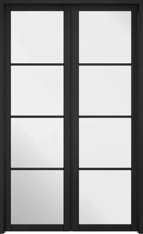 Black Soho room divider with four glass panels in modern grid design, front view
