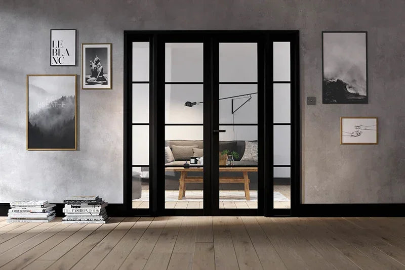 Black Soho W6 room divider with glass panels in modern living room setting