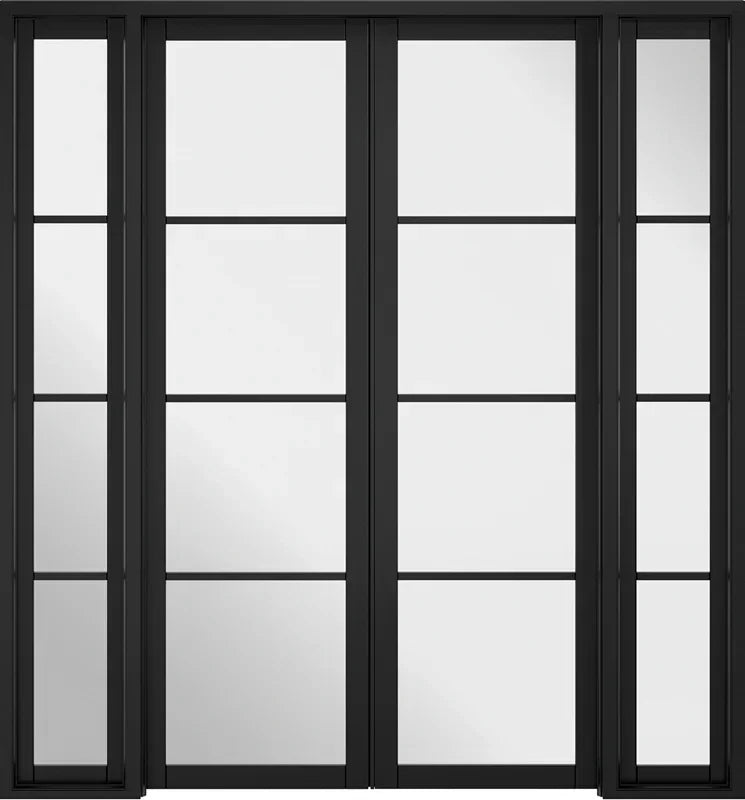 Black framed room divider with glass panels in grid pattern, straight front view