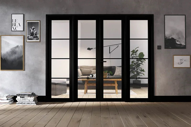 Black room divider with glass panels separating modern living area and hallway