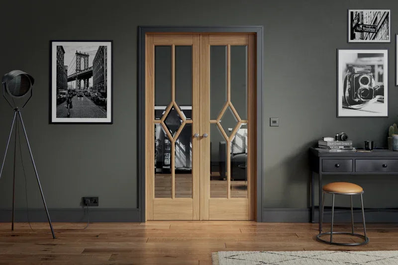 Oak Reims room divider with glass panels in modern living room setting