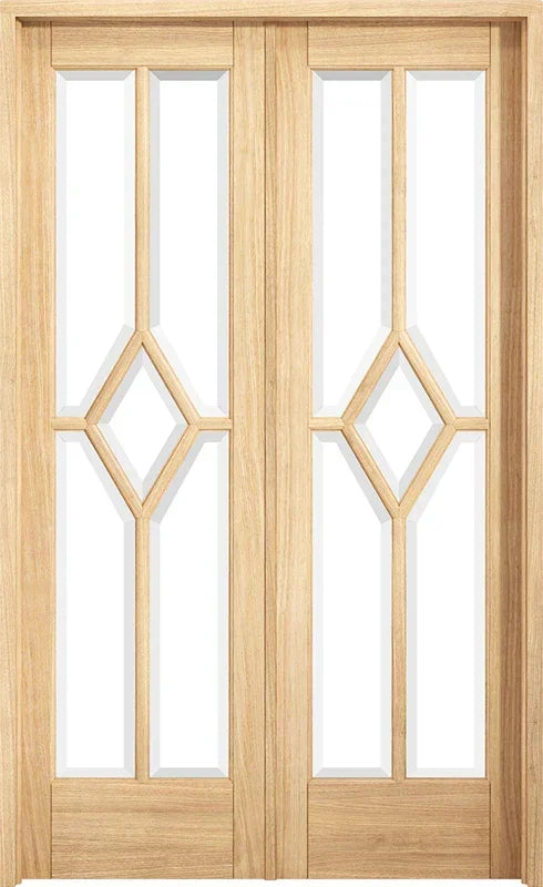 Oak room divider with glass panels and diamond shaped detail, double door design