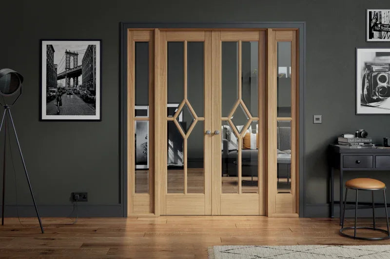 Oak Reims room divider with glass panels in modern living room setting