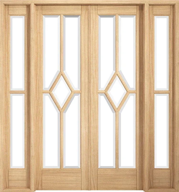 Oak room divider with geometric glass panels and natural wood finish, front-facing view