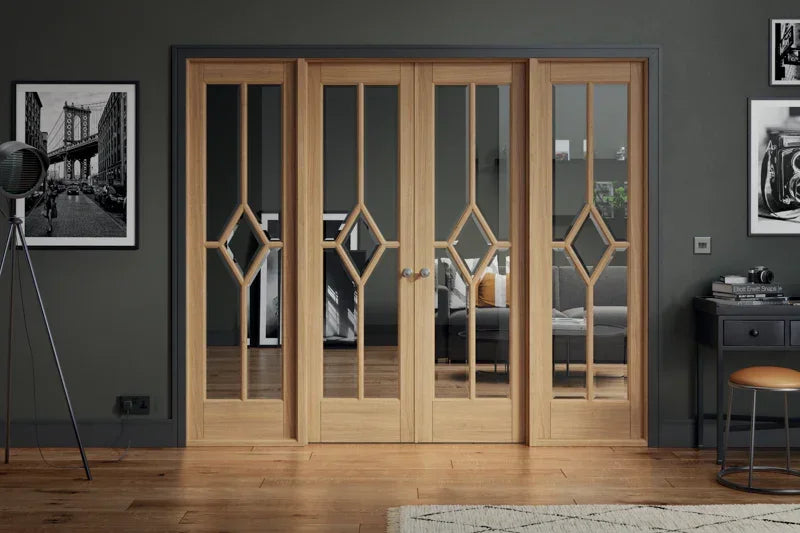 Oak room divider with glass panels and diamond detail, set in modern living space
