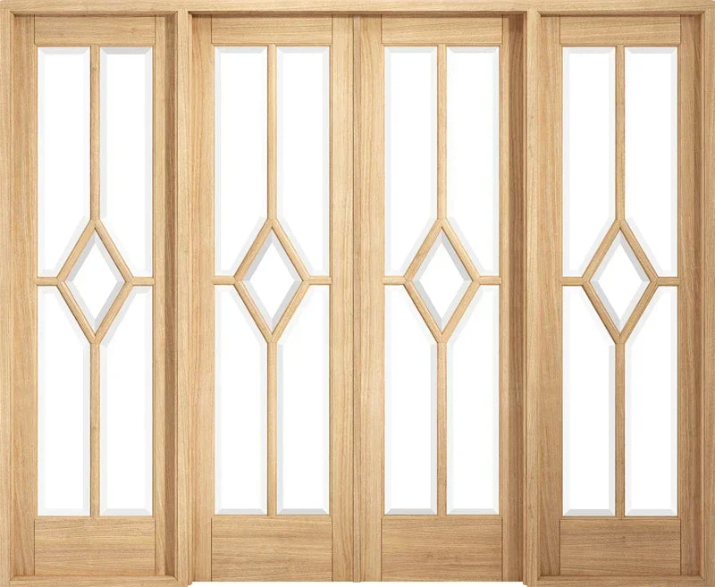 Oak room divider with glass panels and diamond pattern design