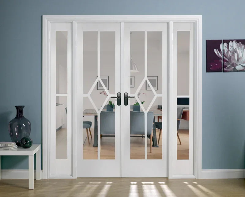 White room divider with glass panels and geometric design in modern living space