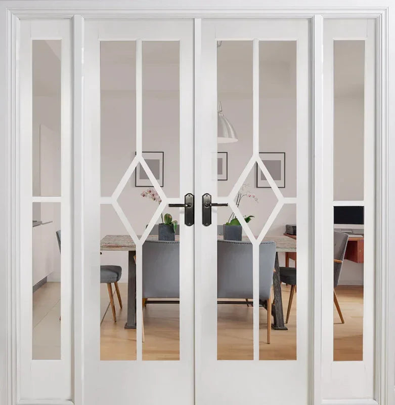 White room divider with glass panels and geometric design in modern dining area
