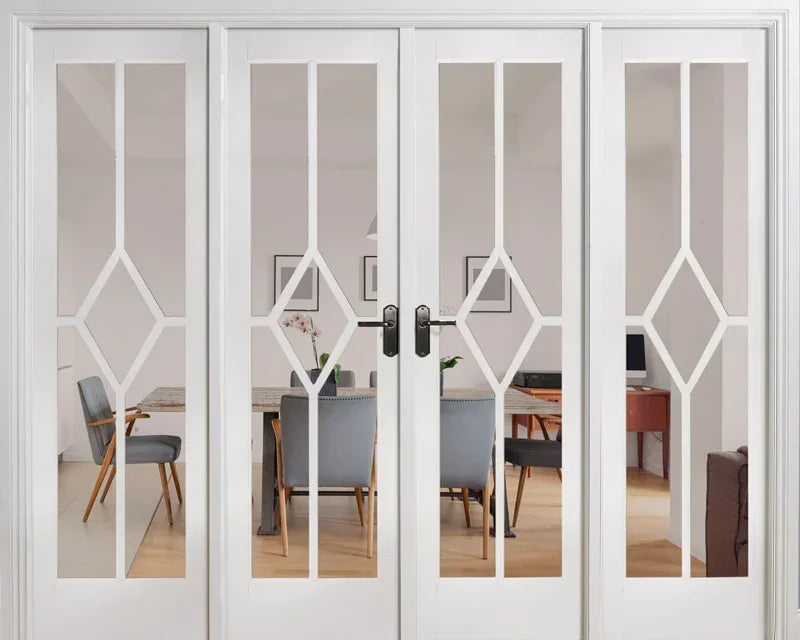 White glass room divider with geometric pattern, dividing modern dining and living areas