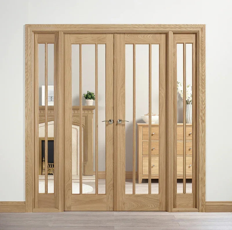 Oak room divider doors with vertical glass panels in modern living space