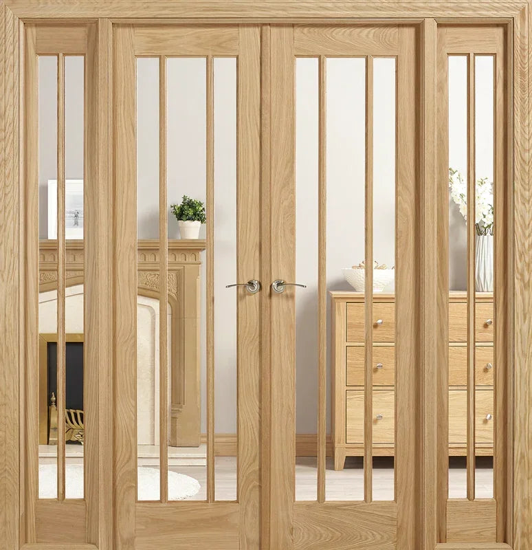 Oak room divider with clear glass panels in living room setting with fireplace and dresser