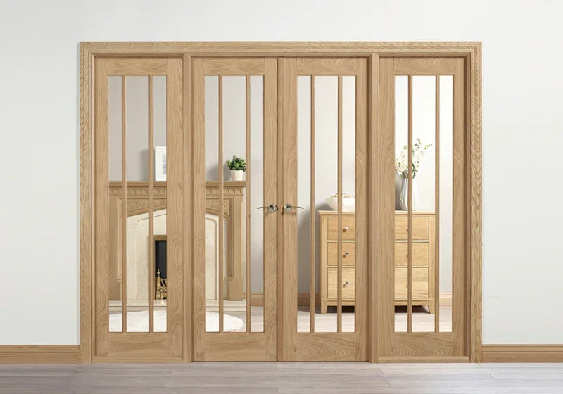 Oak room divider with four glazed panels and vertical glass inserts in living room setting
